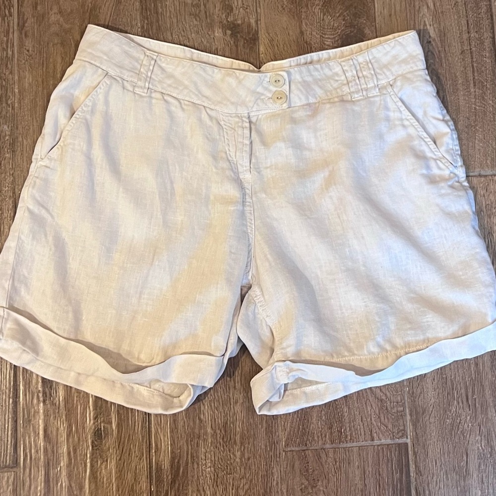 Wrap London Light Cream High Waist Linen-Blend Rolled Hem Shorts